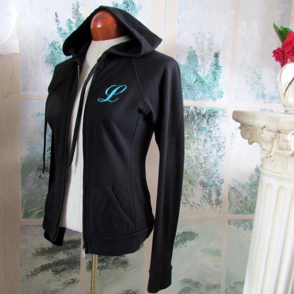ZIP HOODIE w POCKET, M, INITIAL "L" TURQUOISE on BLACK COTTON BLEND ONE STEP UP - Picture 3 of 6